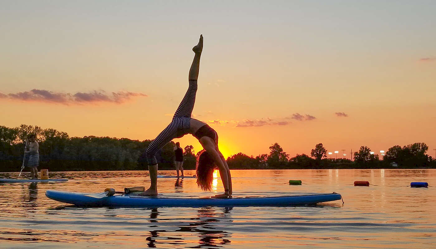 Sunset SUP Yoga Creve Coeur Lake Debby Siegel